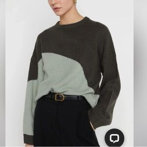 Oak + Fort Womens Crew Neck Brown & Mint Green Knit Color Block Sweater Size XXS